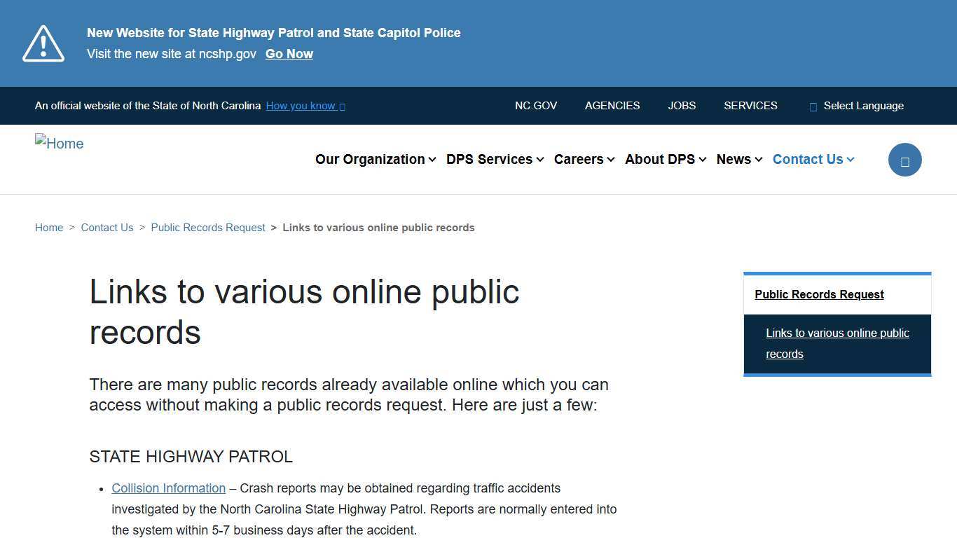 Links to various online public records | NC DPS